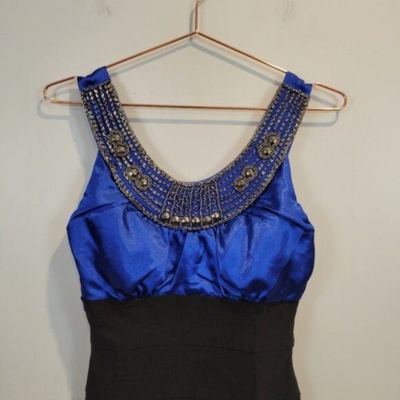 Trixxi | Beaded Round Neckline Cocktail mini Bandage Bodycon Dress Blue Black - Picture 4 of 6